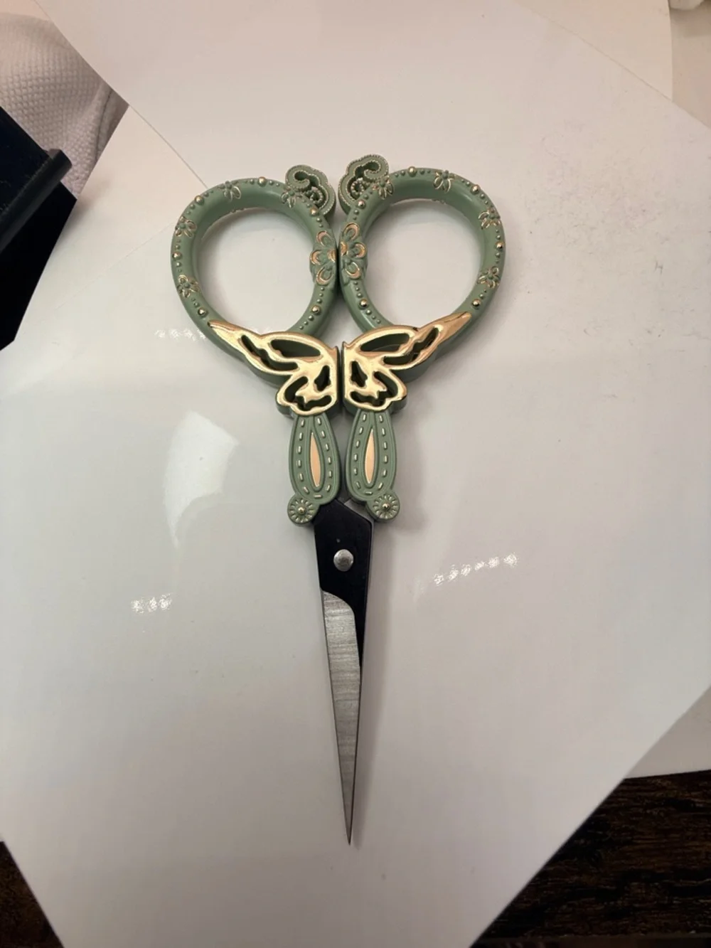 Decorative Embroidery Scissors Butterfly Design Sage Green Gold Tone